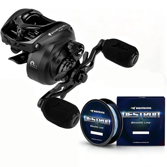 KastKing Spartacus II Plus Baitcasting Reel & Destron Braided Fishing Line Bundle – 6oz Ultra-Light Baitcaster 7.2:1 Gear Ratio 10LB 150Yds Braid Line – X4-Blue Camo, Saltwater