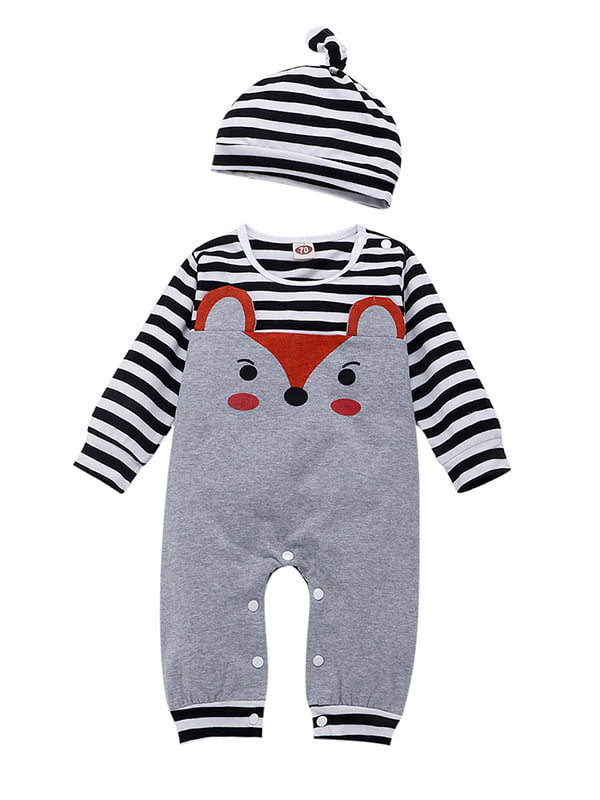 Infant Newborn Baby Boys Girls Cartoon Fox Striped Romper Jumpsuit+Hat Outfits 