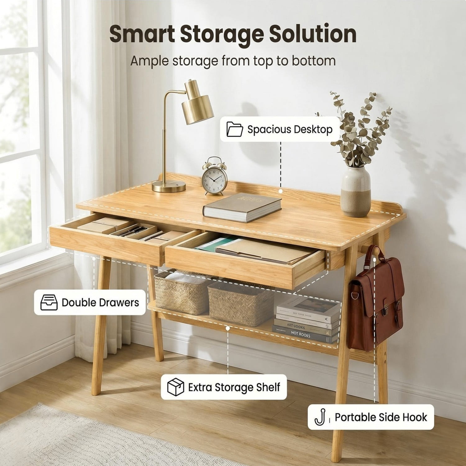 Solid Wood Writing Desk 47 Inch with 2 Drawers & Storage Shelf Mid Century Modern Home Office Desk with Hooks for Bedroom Study Wood