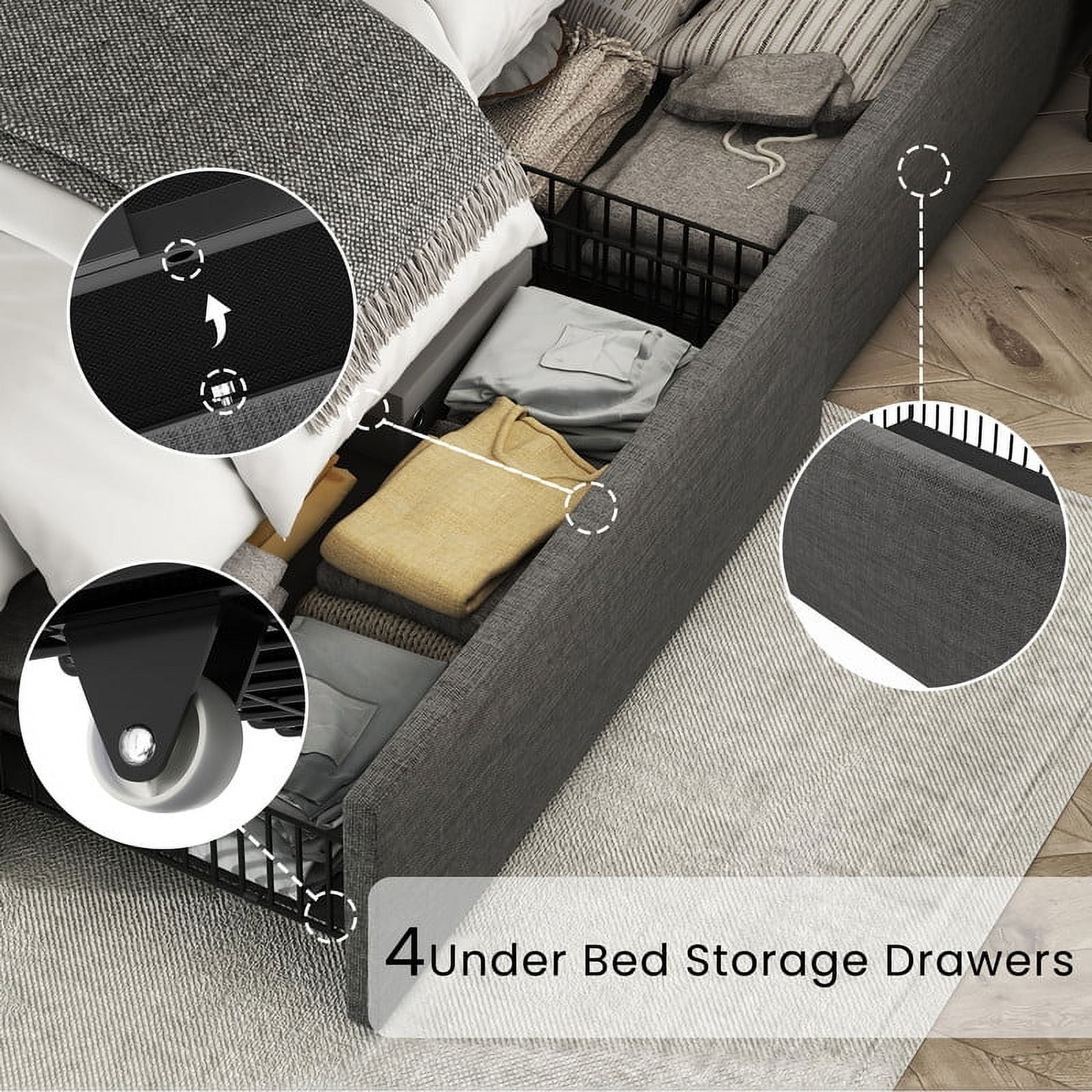 Breltam Queen Size Bed Frame with 4 Storage Drawers, Wingback Tufted Headboard, LED Lights, Light Grey Velvet Upholstered Platform Bed, No Box Spring Needed