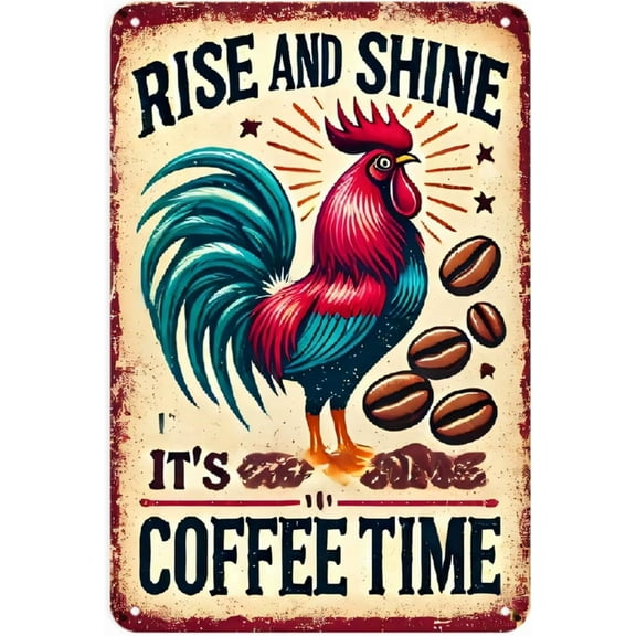 Vintage Rooster Metal Sign Rise and Shine Coffee Time Wall Art Decor for Kitchen Home Office Cafe 8x12 Inch Aluminum Tin Poster with Sun Rays and Coffee Beans Motivational Morning Decor