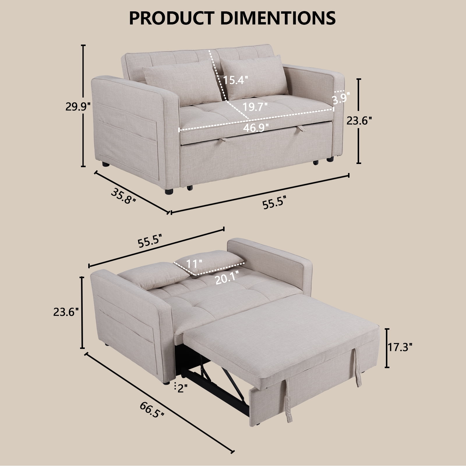Bonzy Home Pull Out Bed Futon Couch with Reclining Backrest and Side Pocket, Modern Loveseat for Living Room Beige