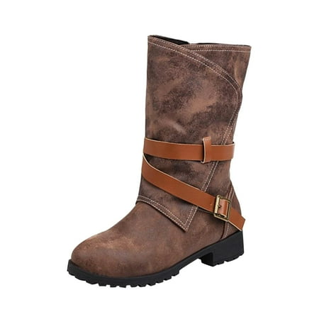 

Boots for Women Shoes Fashion Belt Buckle Solid Color Anti-skid Mid Heels Casual Warm Wear-resistant Slip-on Fleece Cowboy Boots