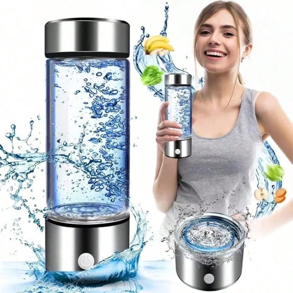 Portable Hydrogen Water Bottle, SPE Hydrogen Generator Cup with USB-C Rechargeable Base, 420ml Glass Hydrogen Water Maker with One Button Operation for Home, Office, Travel, Gym & Sports
