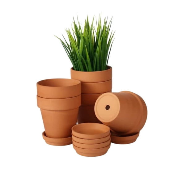 Round Terracotta Clay Plant Pot with Saucer, Drainage Hole, Thick Wall, 6 Count