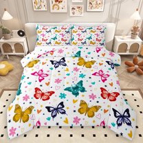 Homewish Kawaii Dreamy Butterfly Full Size Comforter Sets for Kids, Cute Cherry Blossoms Bedding Comforter Set, Cartoon Love Heart Reversible Bedding Sets, Ultra Soft Bedroom Decor, 3-Piece