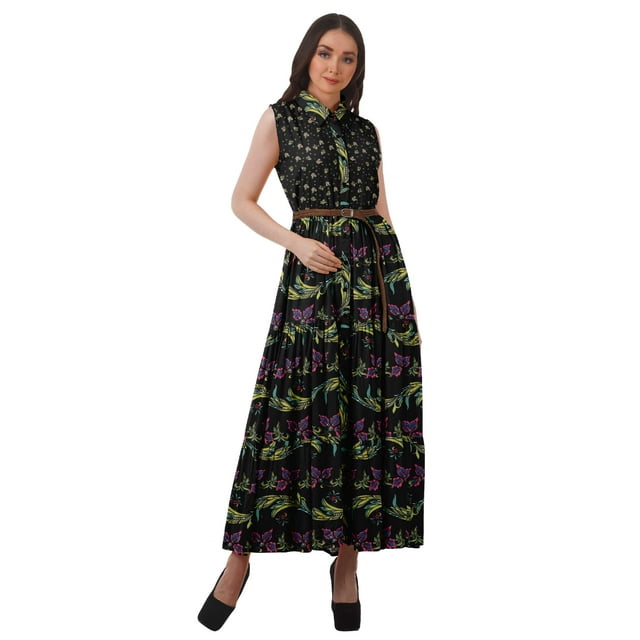 Moomaya Robe Chemise Longue Femmes Imprimée Sans Manches Robe d'Été Chemise à Boutons