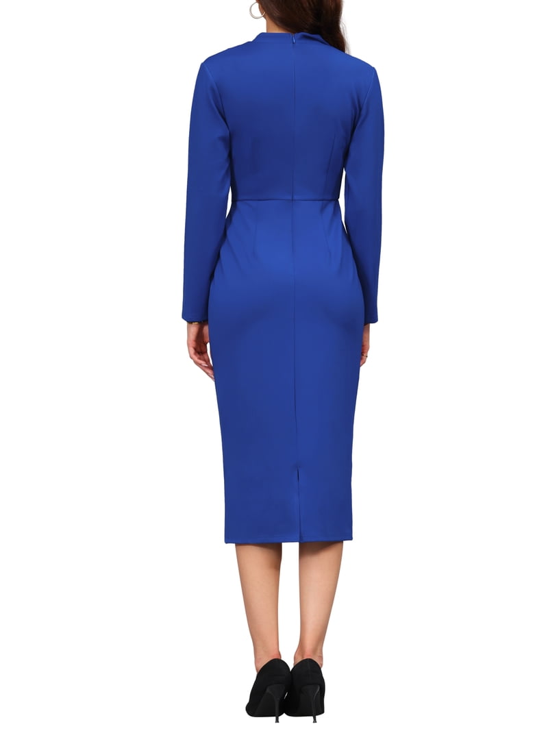 Inspire Chic Women's Elegant Pencil Dress Lapel V Neck Long Sleeve 2025 Trendy Work Knee Length Dresses M Klein Blue