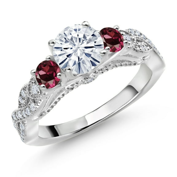 Gem Stone King 925 Sterling Silver White Moissanite and Red Rhodolite Garnet Engagement Ring for Women (1.31 Cttw, Gemstone, Round 6MM and 3MM, Size 8)