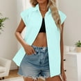 thumbnail image 6 of Womens Button Down Shirts Short Cap Sleeve Summer Cotton V Neck Collared Stripes Blouses Casual Plaid Tops, 6 of 7