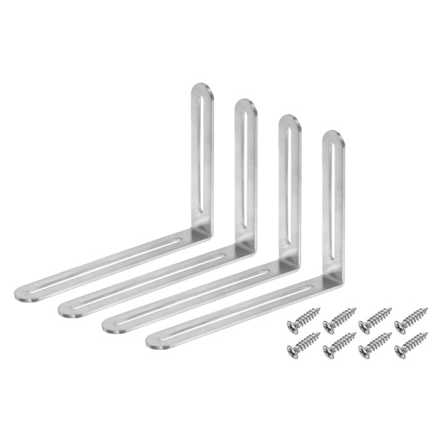 4 Pcs Support d'Angle en L Réglable avec Fente, 6.5 x 4.72 Pouces Support d'Angle Droit en Acier Inoxydable avec Vis pour Meuble en Bois, Argent