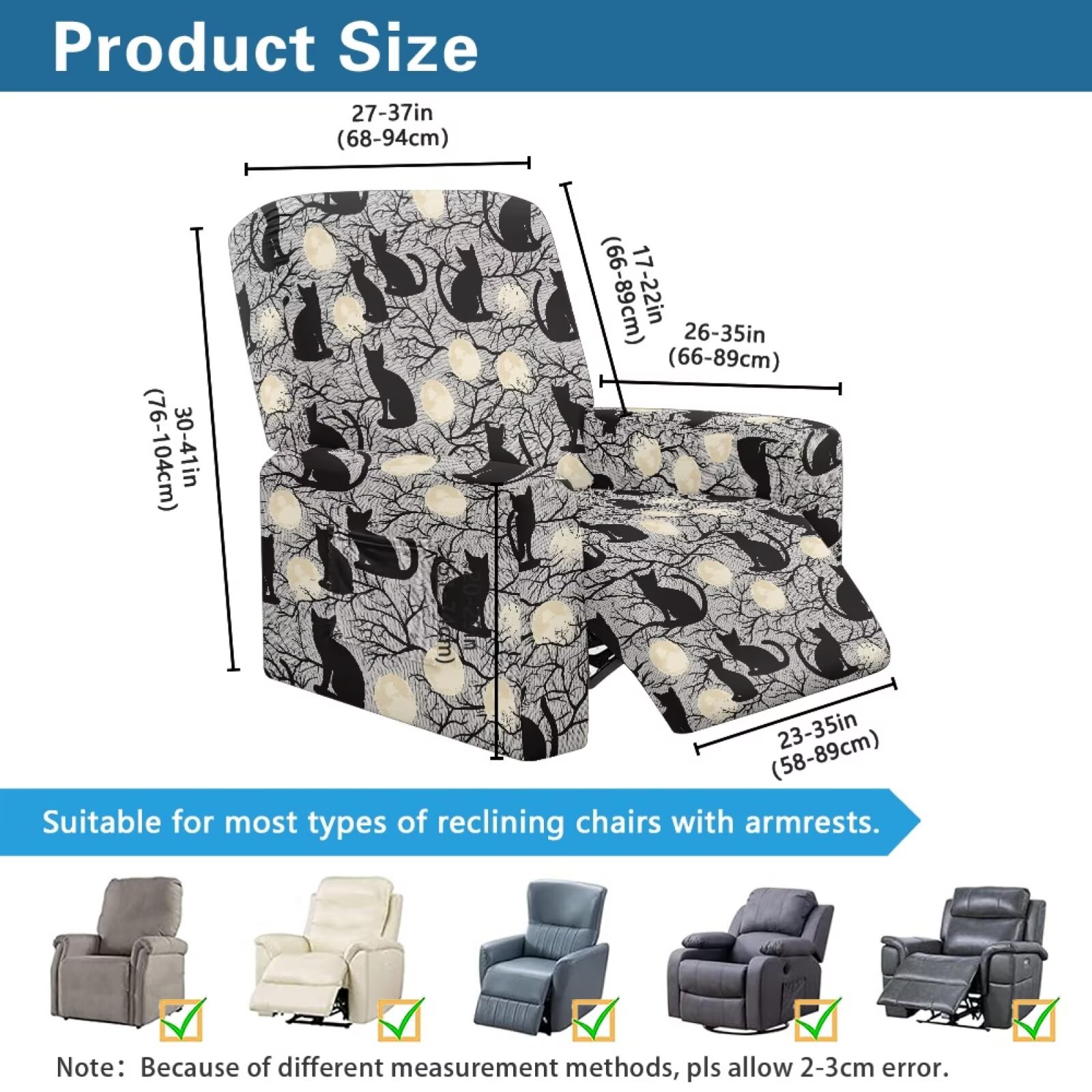 Yuyamidu Black Cat Reclining Chair Covers 4 Pieces Comfortable Recliner Sofa Slipcovers with Pocket Replacement Lazyboy Cover for Recliner Chair Gift for Friends