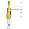 thumbnail image 5 of Hss Tapered Step Drill Bit With Titanium Coating, Grooved For Wood, Metal, Stainless Steel, Gold, 5 of 5