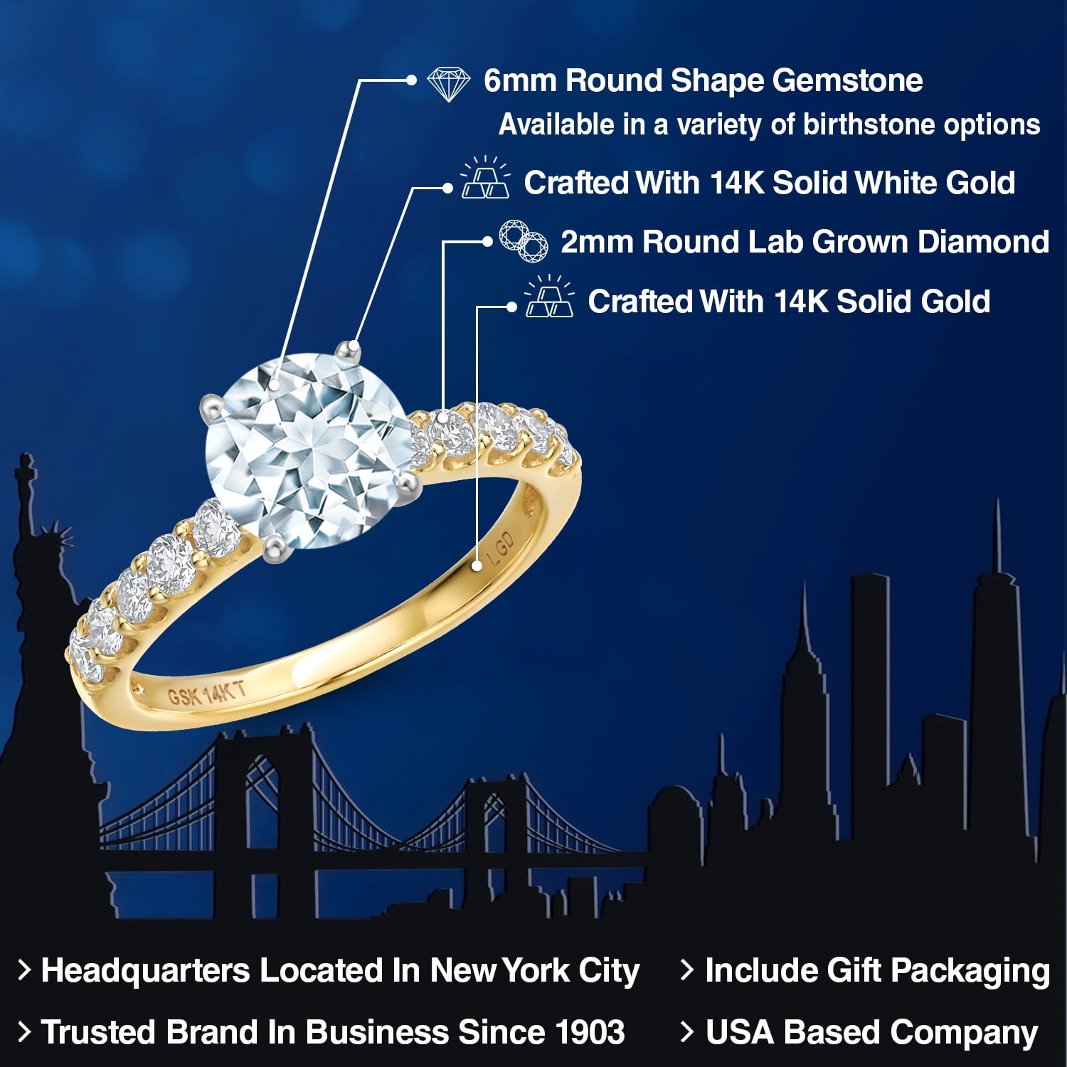 Gem Stone King 14K Two Tone Gold Sky Blue Aquamarine and Lab Grown Diamond Engagement Ring for Women | 1.13 Cttw | Round 6MM | Gemstone March Birthstone | Size 8