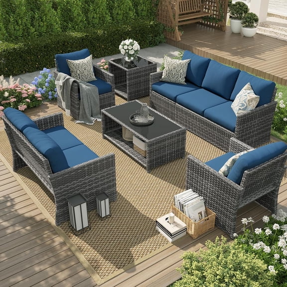 AECOJOY 7 Pieces Outdoor Furniture Set with Two Storage Boxes, Rattan Wicker Sectional Sofa Couch Patio Conversation Set, Dark Blue