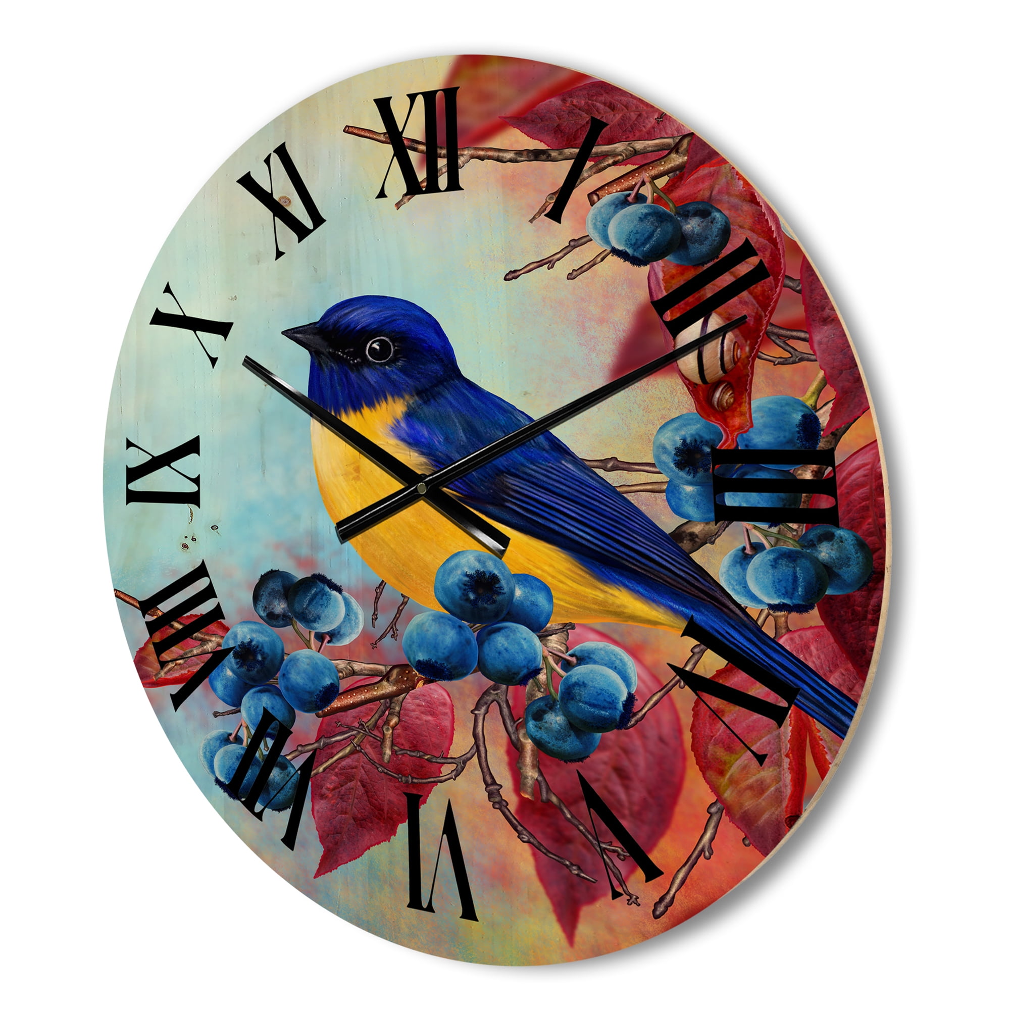 Designart 'Bright Bird Bullfinch Sitting On A Branch of Berries I' Traditional Wood Wall Clock