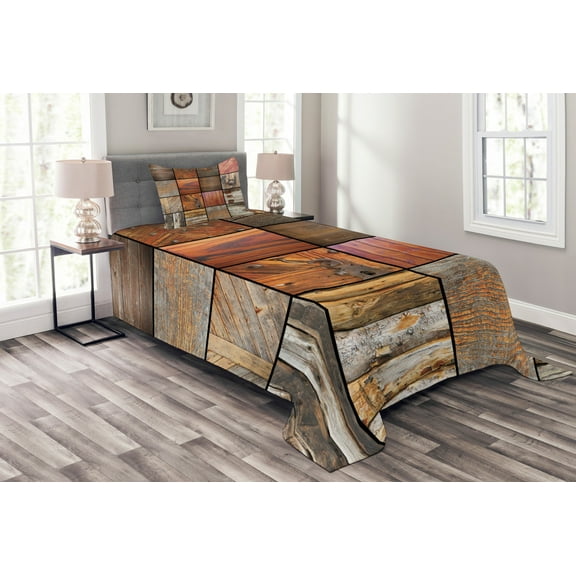 Ambesonne Boho Quilted Bedspread Set 2 Pcs, Wooden Timber Door Key, Twin Size, Chocolate Brown