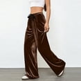 thumbnail image 5 of Women's Elastic Waist Velour Wide Leg Pants Long Palazzo Bell Bottom Casual Velvet Flare Jogger with Pockets Brown, 5 of 7