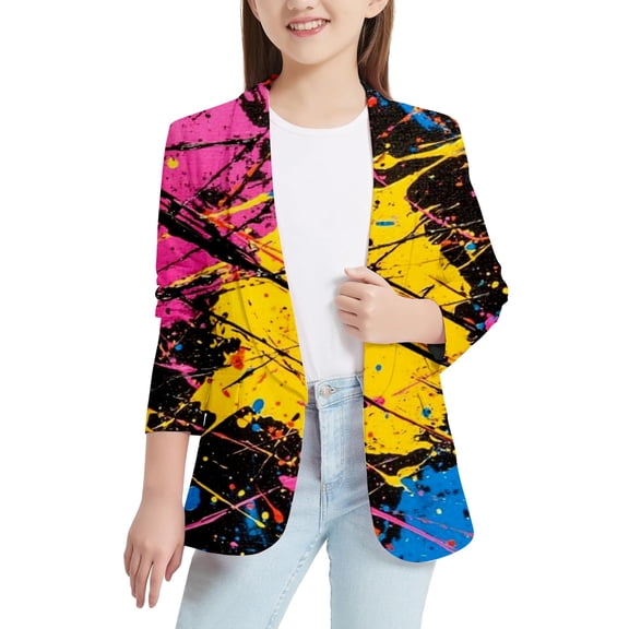 Hiijoy Little Girls Open Front Party Blazer Coat Lashed Ink Print Suit Jacket, Black