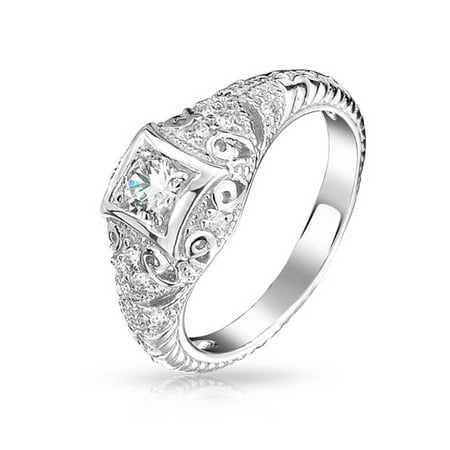 Solitare Style Ring 1CT Deco Style Square Bezel Solitaire Round AAA CZ Milgrain Engagement Ring For Women 925 Sterling Silver ()