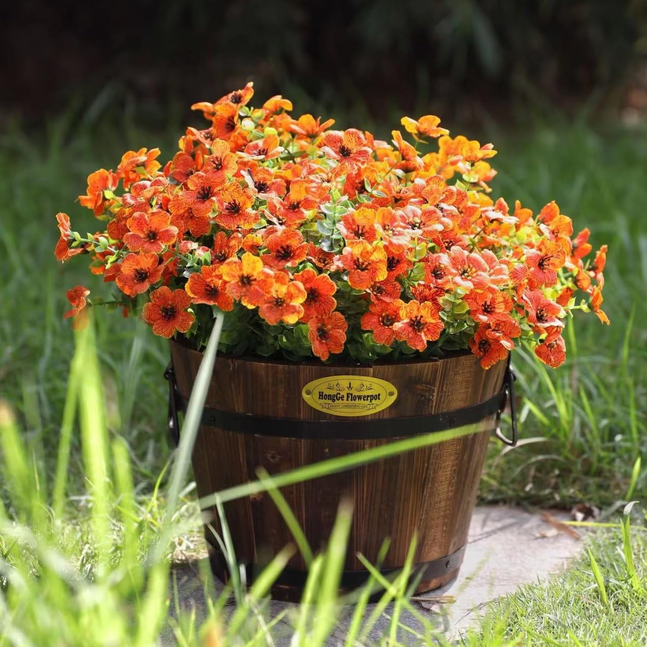 TETOU 16Pcs Artificial Plants Flowers, 13.8*7.5" Fake Silk Colorful Daisy Eucalyptus, UV Resistant Fake Flowers with Plastic Plants for Outside Home Porch Patio Window Yard Decor, Orange Green