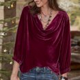 thumbnail image 2 of RYRJJ Vintage Velvet Tops for Women Dressy Casual Elegant 3/4 Lantern Sleeve Cowl Neck Tee Shirts Solid Color Pullover Blouses(Hot Pink,M), 2 of 6