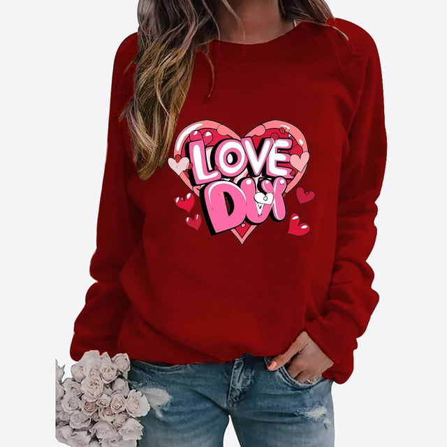 BVOFAR Hauts à Manches Longues pour Femmes Saint-Valentin T-Shirts Graphiques Cœur d'Amour Col Rond Tendance T-Shirts Imprimés Lettres Décontractés 2025