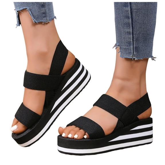 Rokment Womens Comfortable Elastic Band Platform Wedge Walking Sandals Casual Athletic Stretchy Memory Foam Chunky Heeled Slip on Beach Summer Shoes for Vacation Black Size 6