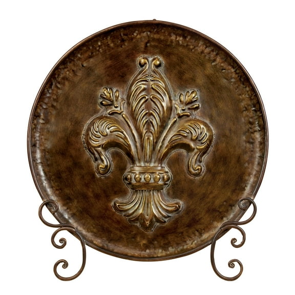 DecMode 14" Round Fleur De Lis Embossed Detail Brown Metal Charger with Stand