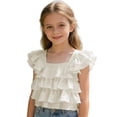 thumbnail image 2 of ZHOGXU Toddler Kids Girls Summer Top Flying Sleeve Square Neck Solid Color Ruffle Breathable Soft Tee For Everyday Wear,White,7-8 Years, 2 of 4