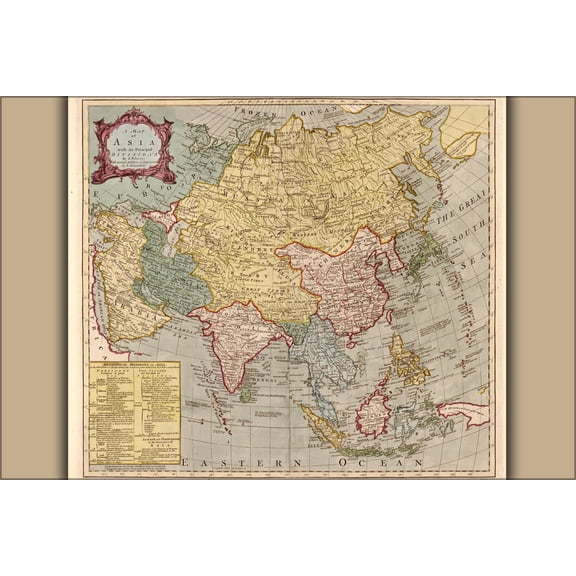 24"x36" Gallery Poster, map of asia 18th cent. India japan china russia