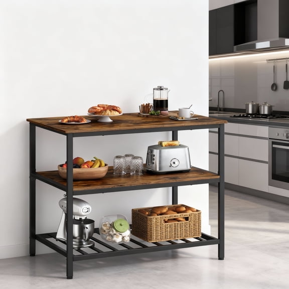 LEDREM Kitchen Island with 3 Shelves, Large Worktop and Industrial Steel Frame, Multi-Purpose Kitchen Cart and Bar Table, Easy Assembly, Rustic Brown and Black