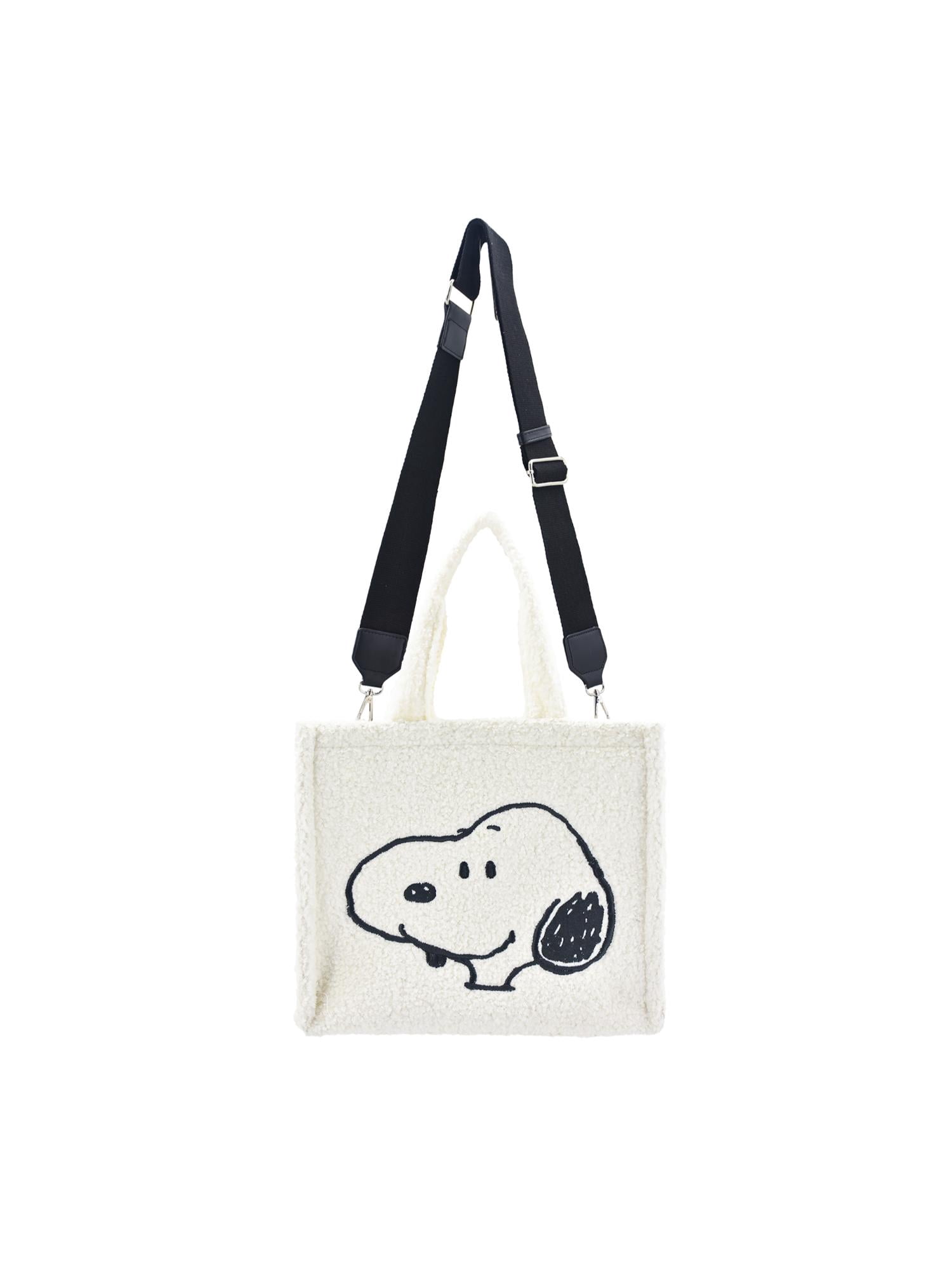 Peanuts Tote Bag, Snoopy and Woodstock Travel Handbag Side Purse with Adjustable Crossbody Shoulder Strap, White