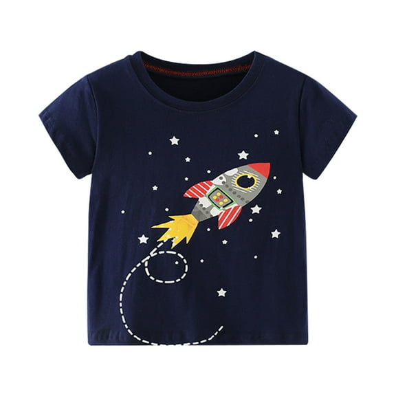 PINQI Toddler Baby Boys Girls Short Sleeve Crewneck T-Shirt Tops Rocket Print Shirts Kids Summer Casual Graphic Tee Shirts