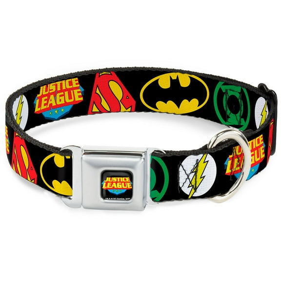 DC Comics Pet Collar, Dog Collar Metal Seatbelt Buckle, Justice League Superhero Logos Close Up Black, 9.5 to 13 Inches 1.0 Inch Wide
