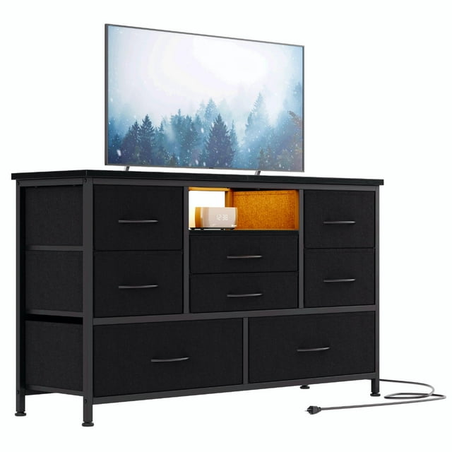 Meuble Télé à 8 Tiroirs avec Prise de Courant et DEL pour Télé de 55 Po, Longue Commode pour Chambre avec 8 Tiroirs Profonds, Grand Table Console pour Rangement dans le Garde-Robe, le Salon, l'Entrée, Dessus en Bois
