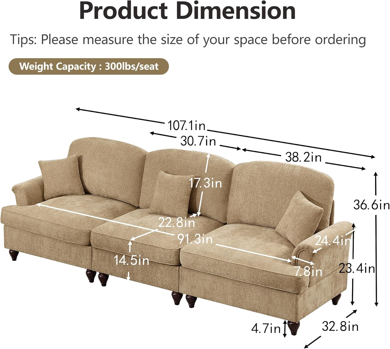 Modular Sectional Sofa, 3 Seat Sofa and 2 Seat Loveseat Sofa Sets with Removable Ruffles Pleats Skirts, Deep Seat Sofa for Living Room, Light Coffee