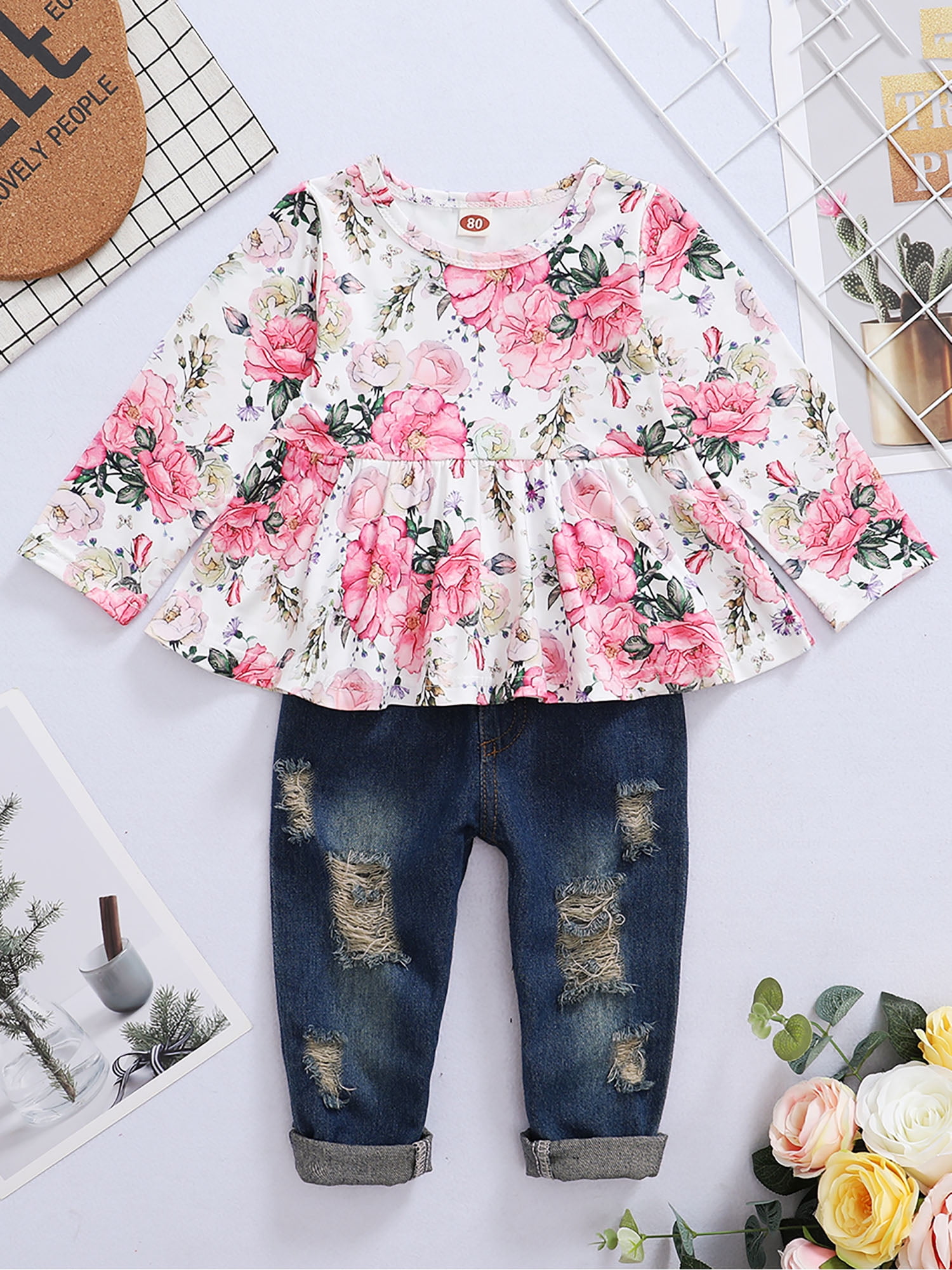 CARETOO Girl Clothes Outfits Toddler Baby Ruffle Sleeve Floral T-Shirt Tops Ripped Jeans Pants Set