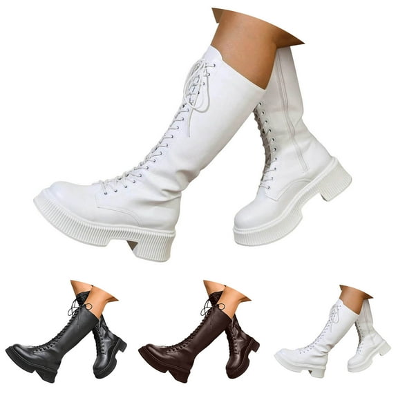 Dakaela Knee High Boots Women Lace up Fashion Leather Fall Combat Boots Platform Motorcycle Riding Boot with Side Zipper Black 6