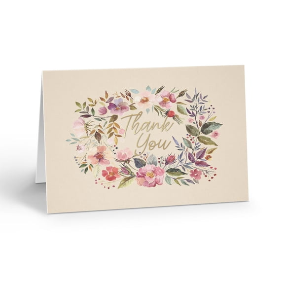 Floral Wreath Thank You Note Card - 10 Note Cards with Envelopes - B14426