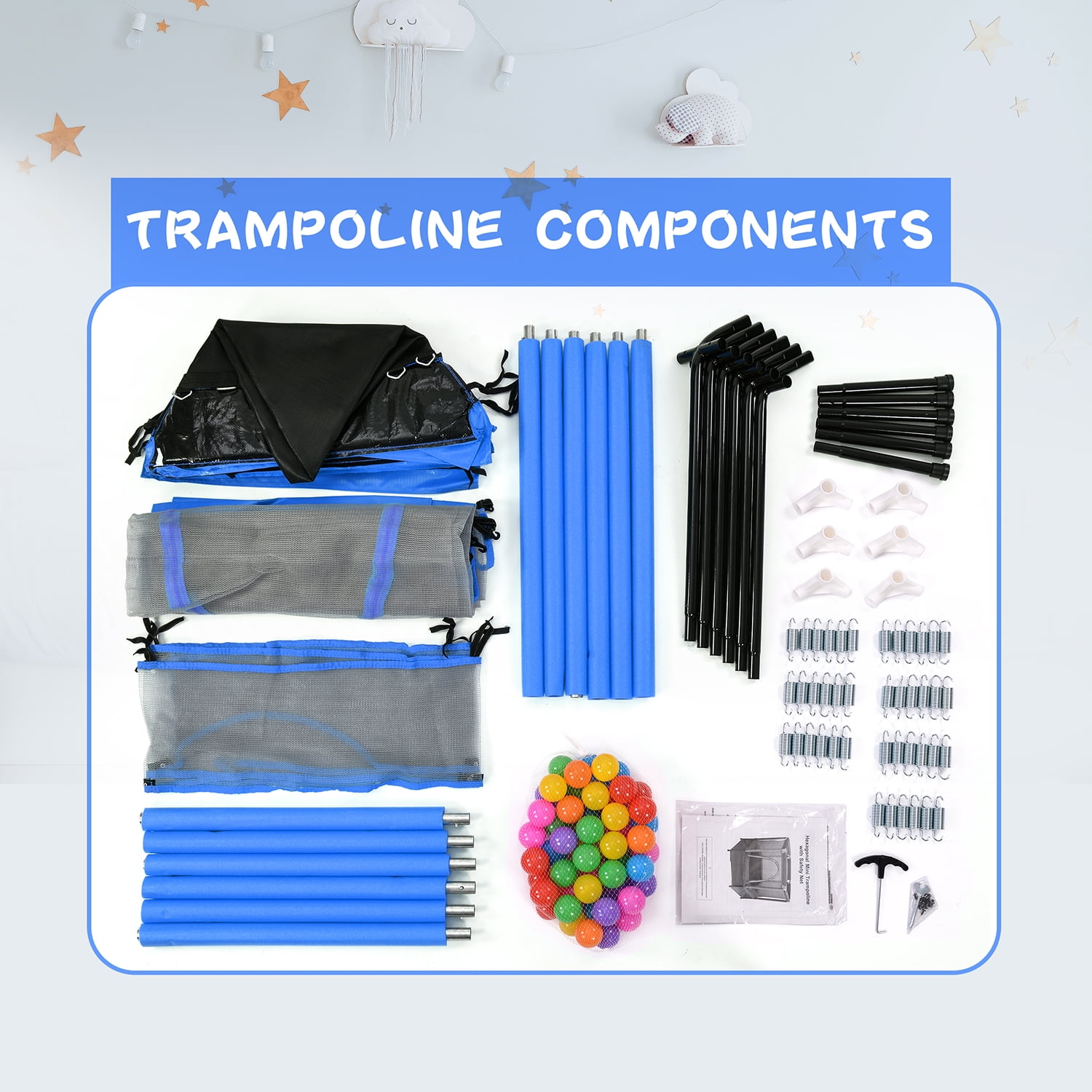 Kadyn 55" Toddlers Trampoline, Vinyl Jumping Trampoline with Safety Enclosure Net and Balls, Indoor Outdoor Mini Trampoline for Kids, Blue