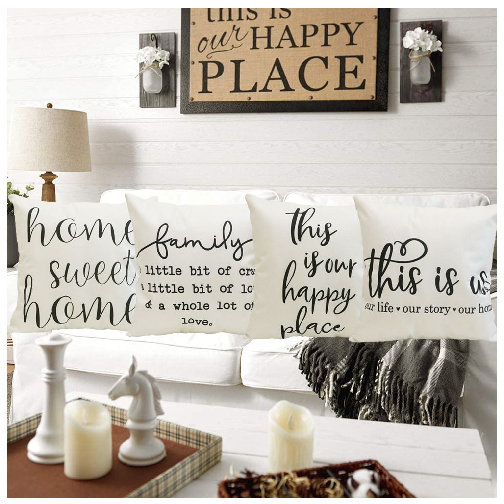 NYDECOR Farmhouse Pillow Covers 18x18 Set of 4 Rustic Family Throw Pillow Covers Quote Home Sweet Home Pillow Case This is Our Happy Place This is Us Cushion Cover Cotton Linen for Couch Sofa Bed