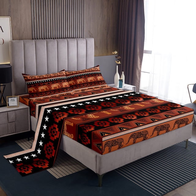 Erosebridal Bohemian Aztec Sheet Set Twin,Elephant Print Bedding Sets Twin Size,Animal Decor,Breathable,3pcs