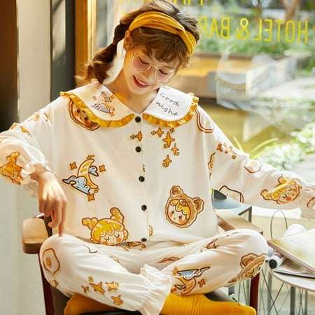 

DanceeMangoo Loose Version Pajama Set Fall Pajamas Col Claudine Cotton Princess Style Cartoon Plus Size Lapel