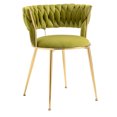 thumbnail image 2 of Modern Dining Chair Set of 2, Velvet Upholstered Dining Chair with Decorative Woven Backrest and Gold Metal Legs, Counter Height Bar Stool, Vanity Chair Kitchen Chairs for Living Room, Green, 2 of 7