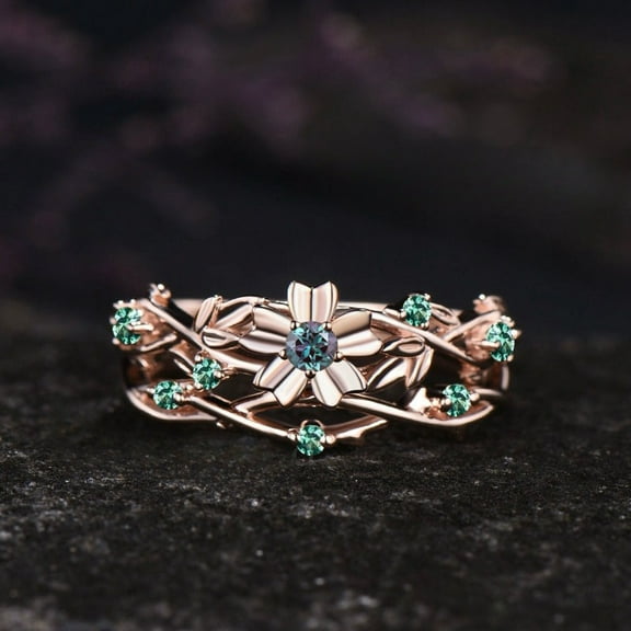 New Exquisite Rose Gold Color Rings for Women Flower Round Women Green Stone Rings Set Jewelry Party Gift