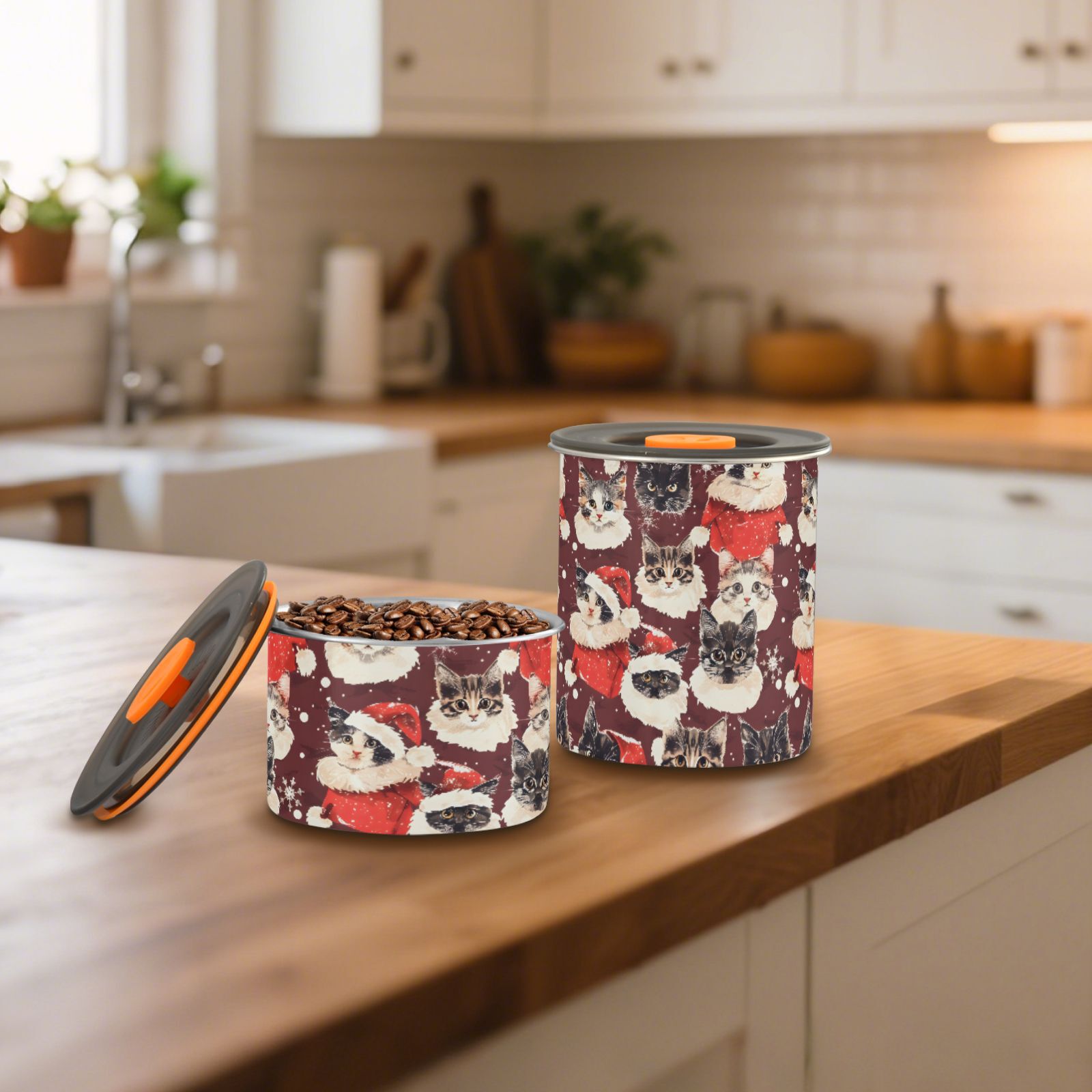 Christmas Cat Kitten Airtight Coffee Bean Canister 30oz Food Storage Containers with Lids For Gournd, Tea, Sugar, Flour, Rice, Cereal, Candy Cookie Jar