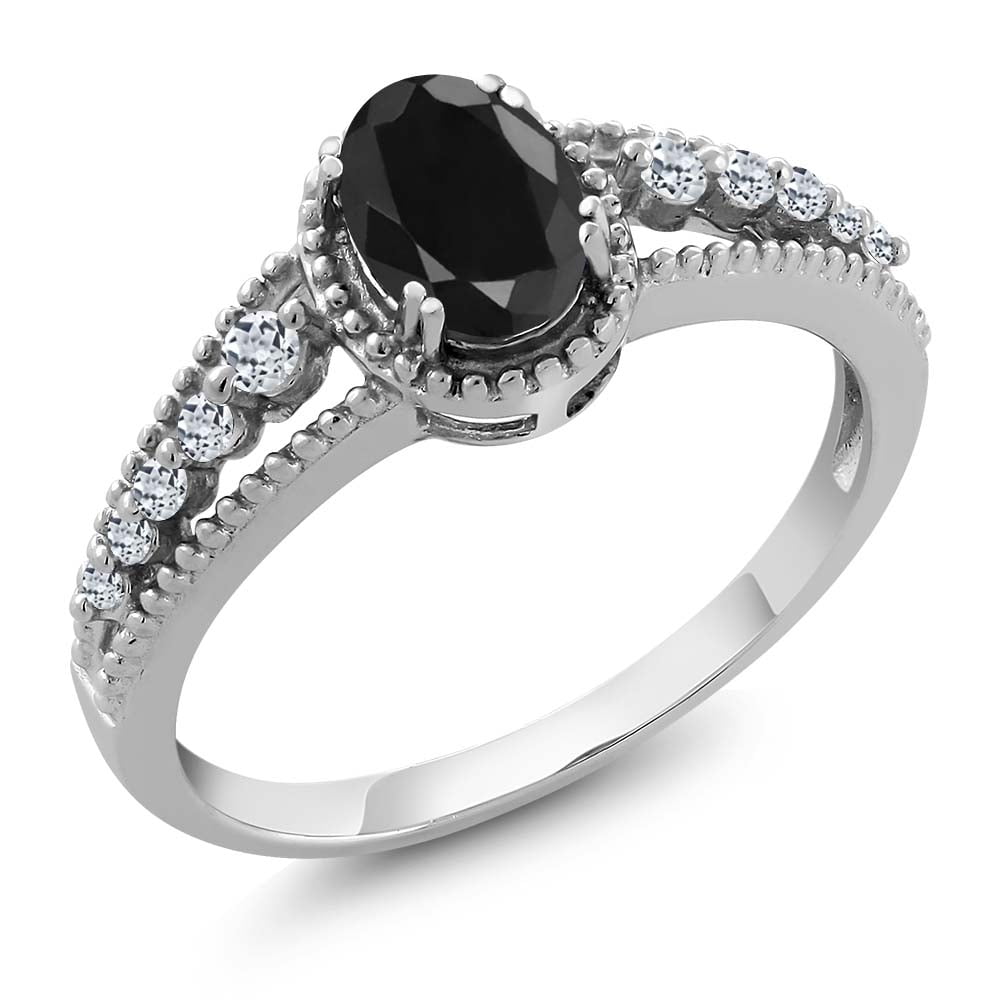 Gem Stone King 1.28 Cttw 925 Sterling Silver Black Sapphire and White Topaz Engagement Ring for Women | Oval 7X5MM | Gemstone Birthstone | Available in Size 5, 6, 7, 8, 9