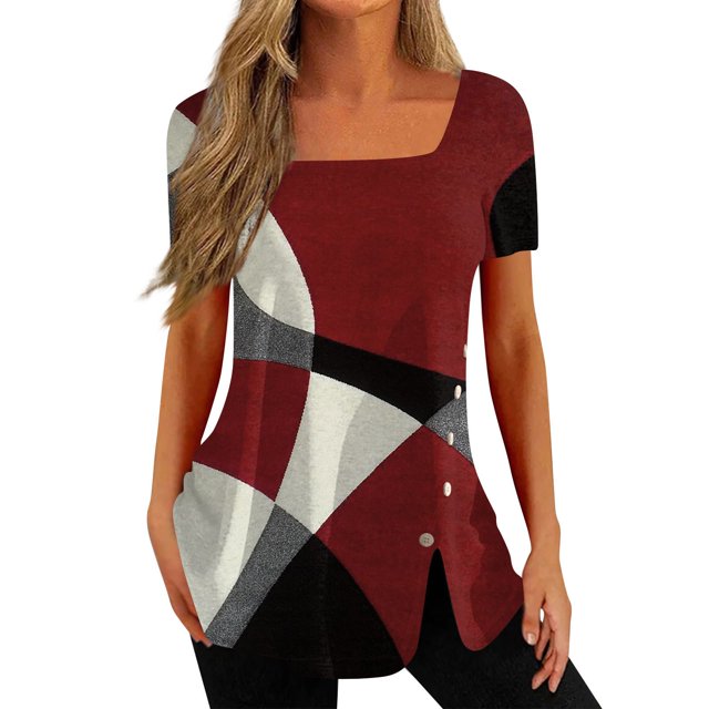 Gibobby Playera de Manga Corta con Cuello Redondo Tops verano para mujer, camiseta informal con cuello cuadrado y manga corta con botones y abertura, camiseta, Tops,(Rojo,CH)