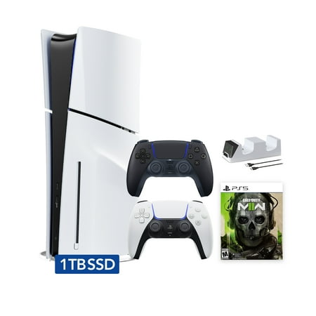 PlayStation 5 Disc Edition Call of Duty Modern Warfare II Bundle with Two Controllers White and Midnight Black DualSense and Mytrix Dual Controller Charger